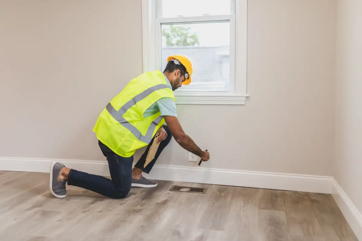 Contractor in safety gear inspecting a floor before coating work begins