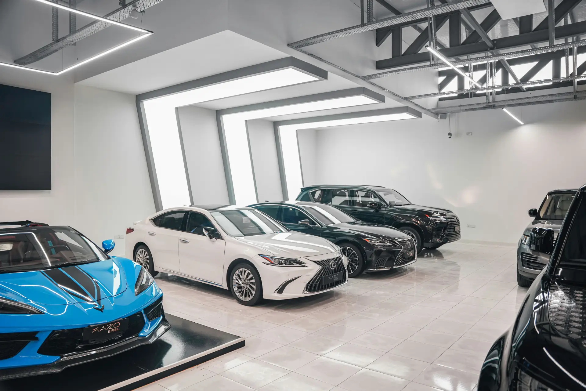 Car dealership showroom with a glossy decorative floor