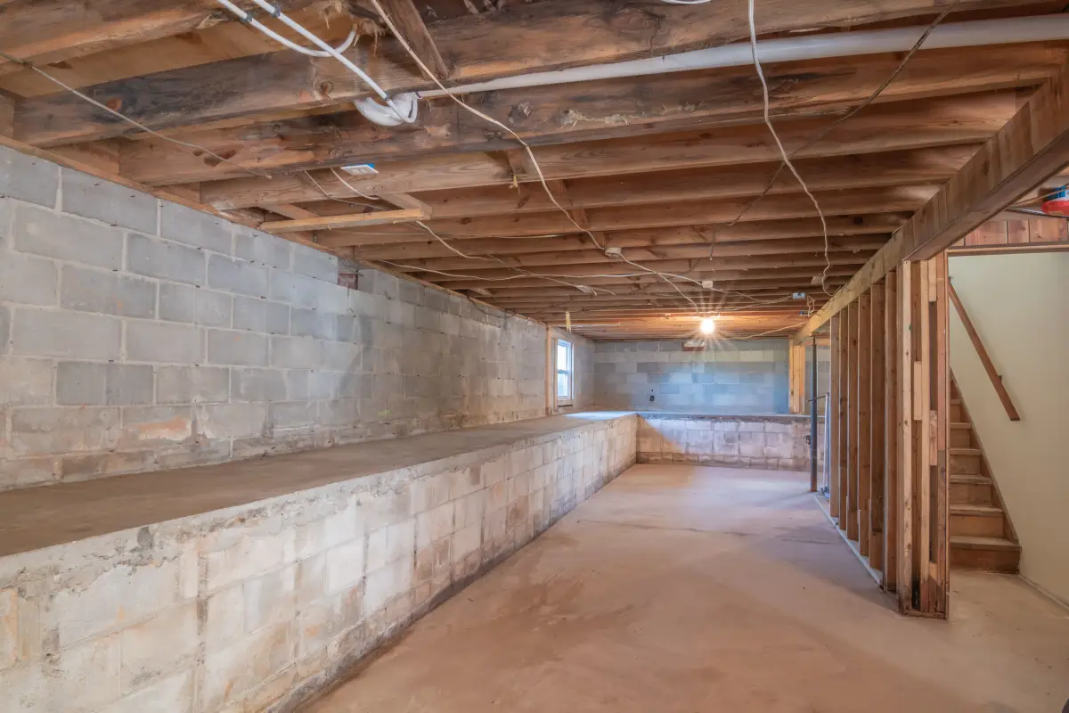 Unfinished basement with bare concrete floor and block walls