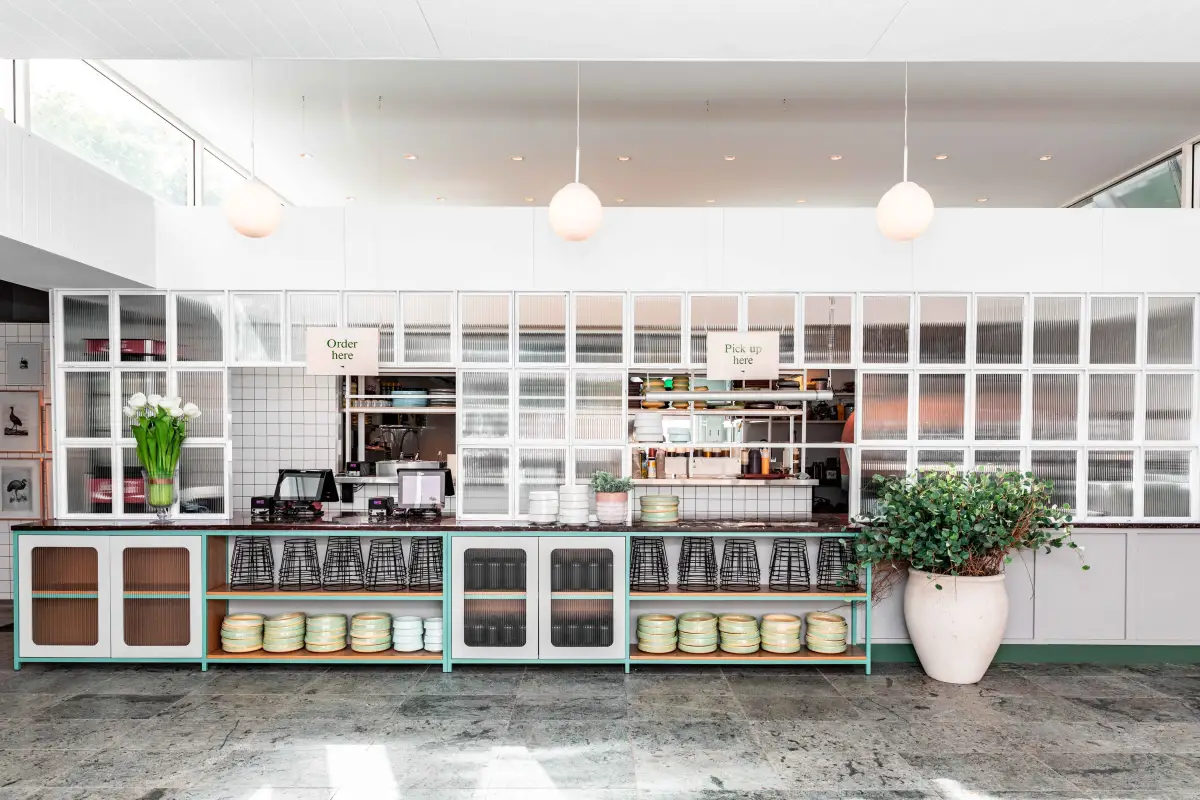 Cafe service counter interior with the floor visible