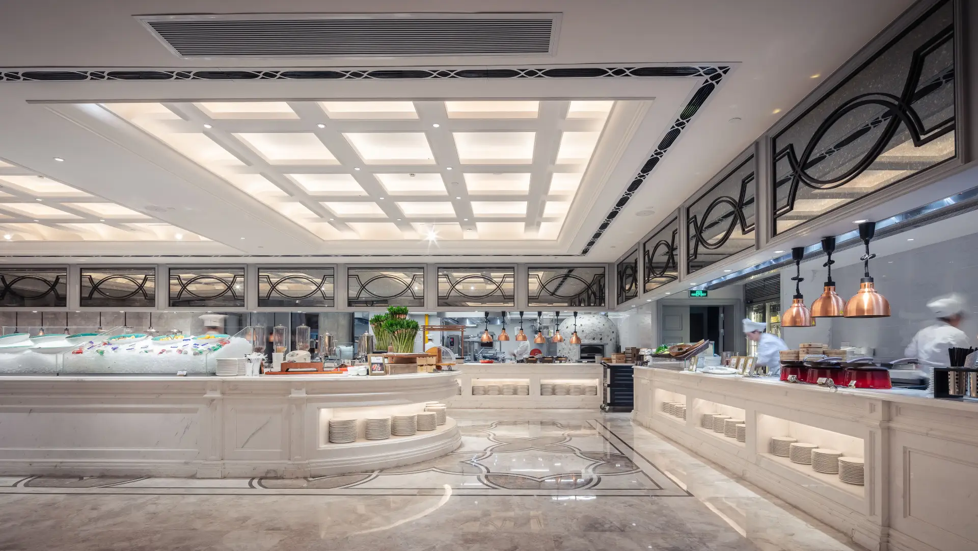 Restaurant buffet service area with a polished floor