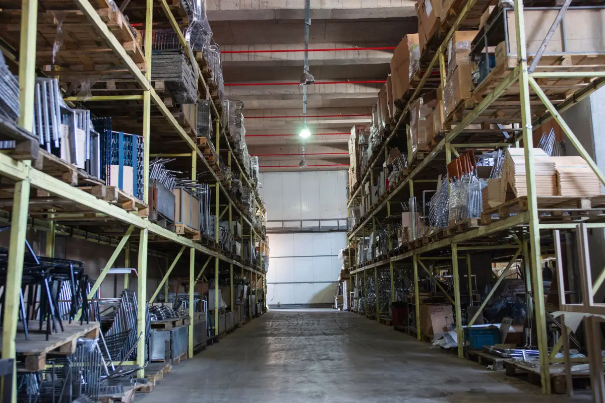 Warehouse shelving aisle with a concrete floor